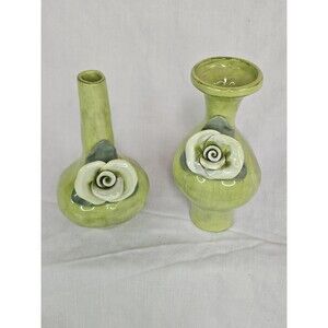 Studio B by Magenta Green Ceramic Vases Light Green Rose Relief Matching Pair